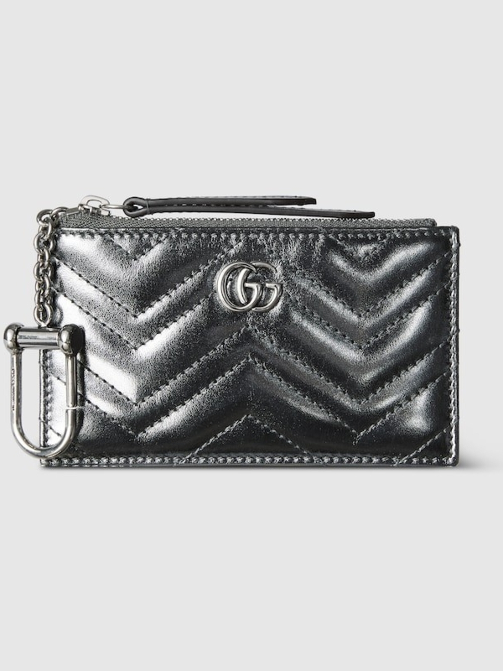 Gucci Metallic Grey Chevron GG Card Case with Keyring